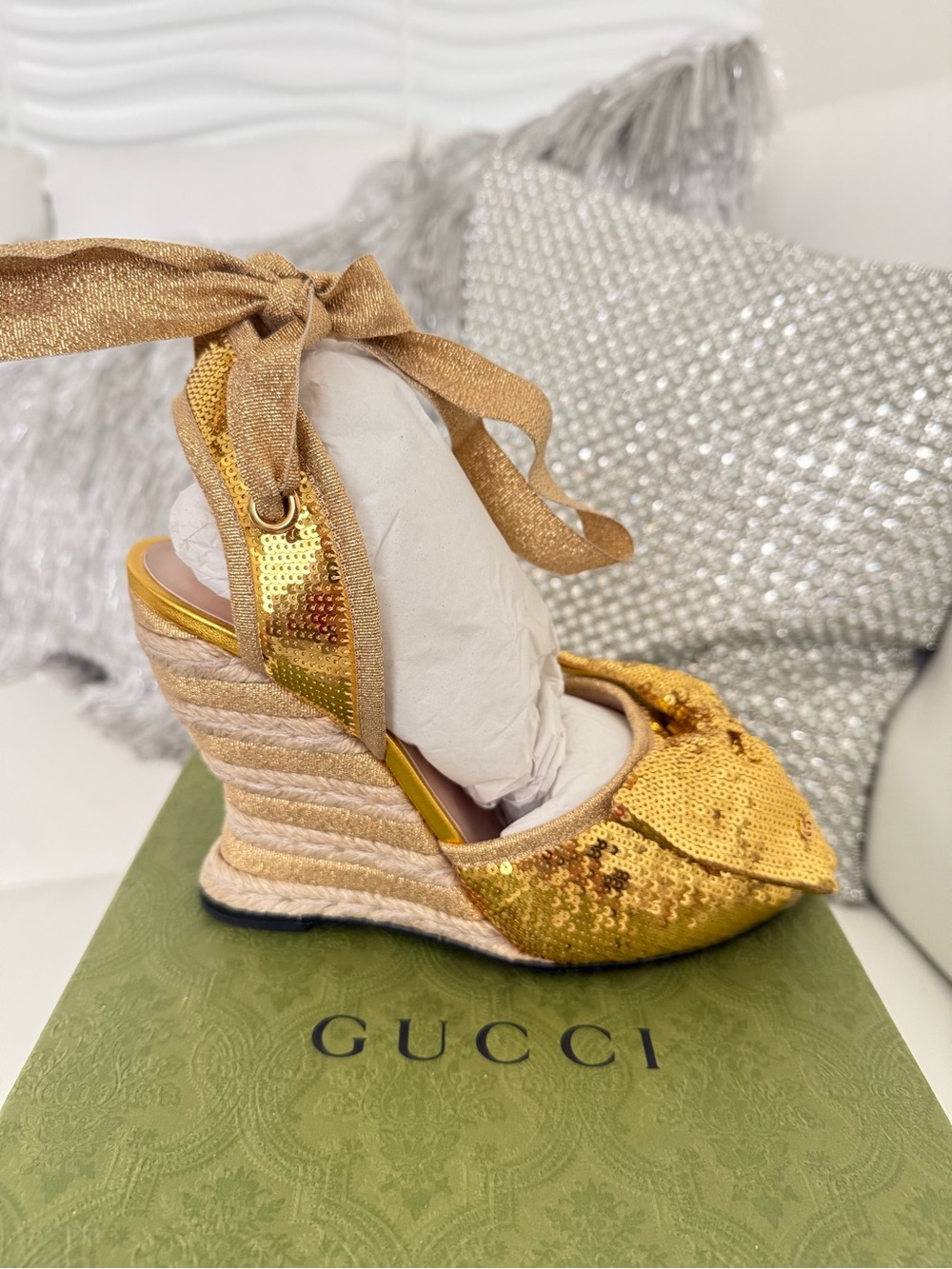 Gucci Gold Sequin Espadrille Wedge Sandals with Ankle Wrap - Picture 7 of 11